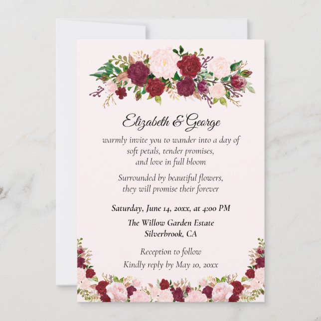 Romantic Red, Pink Roses Custom Wedding Invitation Einladung (Vorderseite)