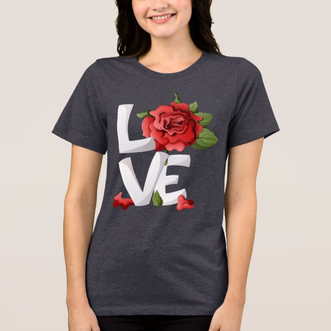 Romantic Red Rose Botanical Love Typography Tri-Blend Shirt (Vorderseite)