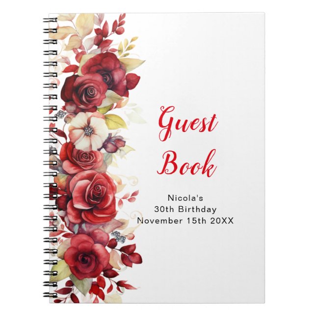 Romantic Red Rose Floral Birthday Party Guest Book Notizblock (Vorderseite)