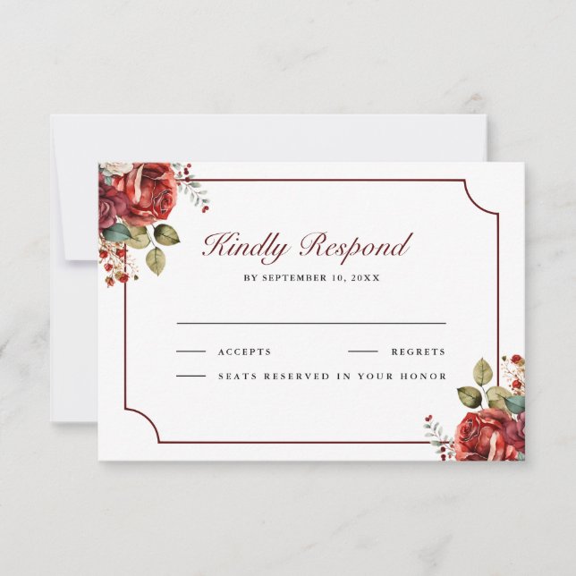Romantic Red Roses Floral Wedding RSVP Karte (Vorderseite)