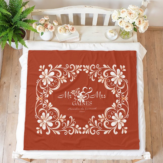Romantic Red Rust Shabby Chic Mr & Mrs Floral Fleecedecke (Von Creator hochgeladen)