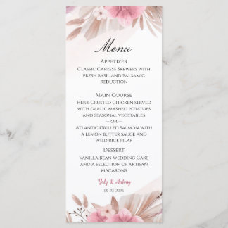 Romantic Rose and Champagne Boho Chic Wedding Menu Menükarte