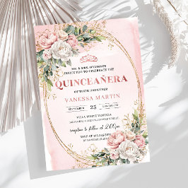 Romantic Rose Gold Floral Greenery Quinceañera Einladung