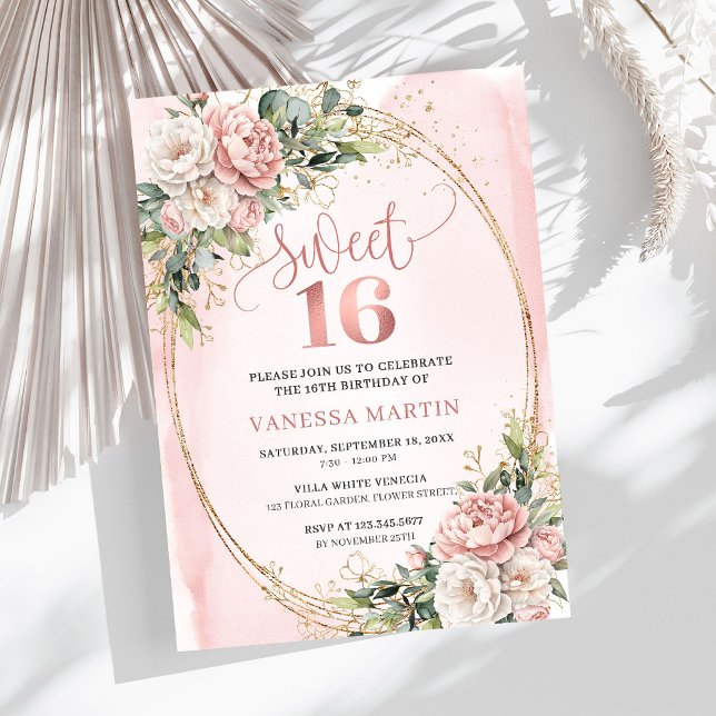 Romantic Rose Gold Floral Greenery Sweet Sixteen  Einladung (Romantic Rose Gold Floral Greenery Sweet Sixteen Invitation

)