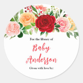 Romantic Roses Floral Baby Shower Bookplate Runder Aufkleber