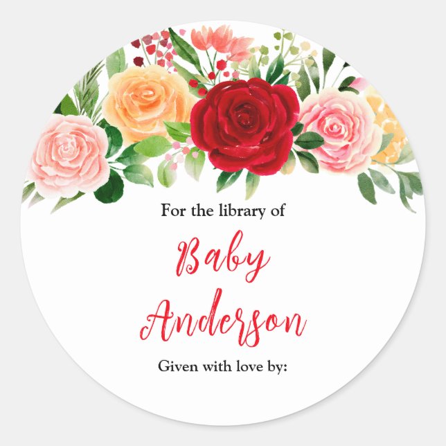 Romantic Roses Floral Baby Shower Bookplate Runder Aufkleber (Vorderseite)