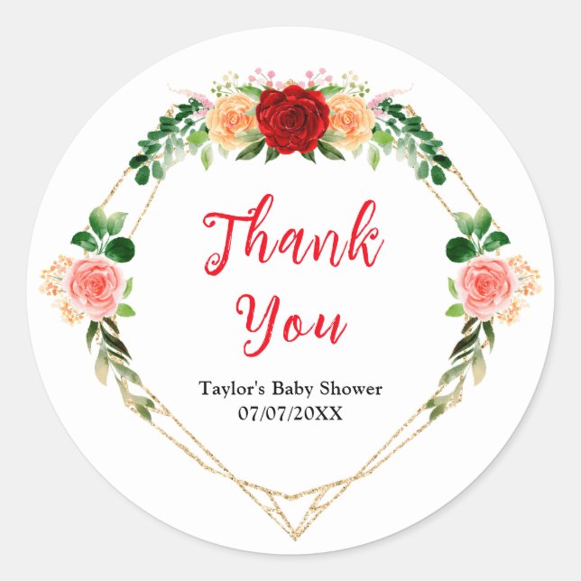 Romantic Roses Floral Baby Shower Thank You Runder Aufkleber (Vorderseite)
