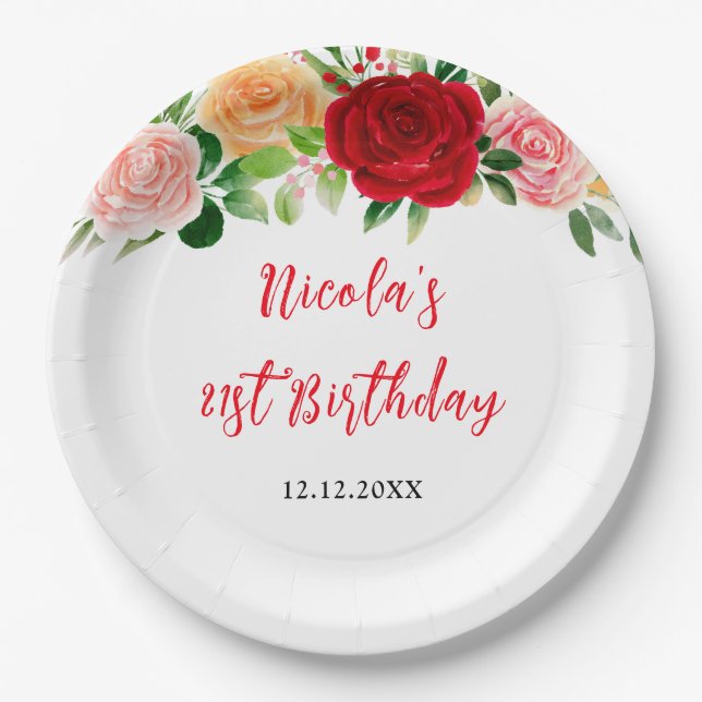 Romantic Roses Floral Birthday Pappteller (Vorderseite)