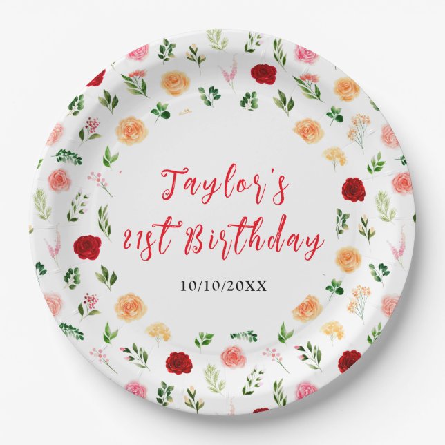 Romantic Roses Floral Birthday Pappteller (Vorderseite)