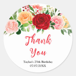 Romantic Roses Floral Birthday Party Thank You Runder Aufkleber