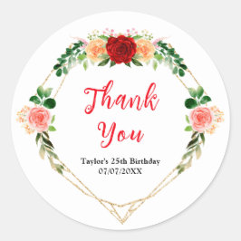 Romantic Roses Floral Birthday Party Thank You Runder Aufkleber