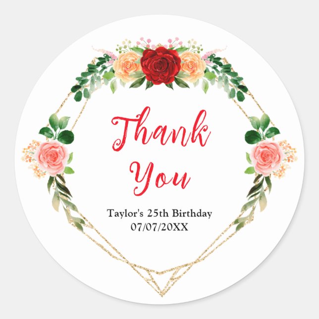 Romantic Roses Floral Birthday Party Thank You Runder Aufkleber (Vorderseite)