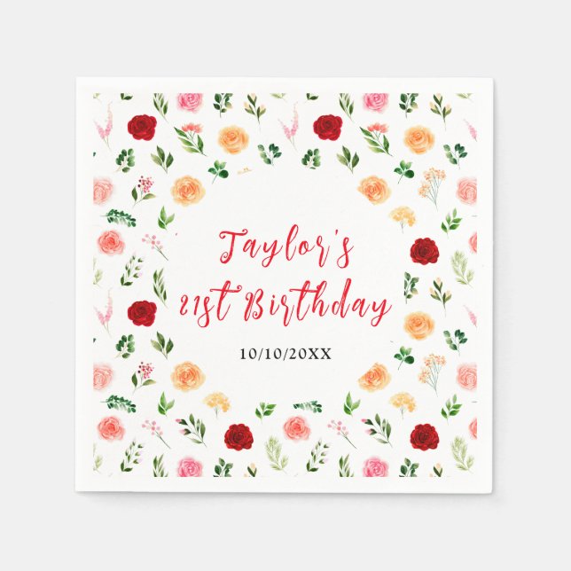 Romantic Roses Floral Birthday Serviette (Vorderseite)