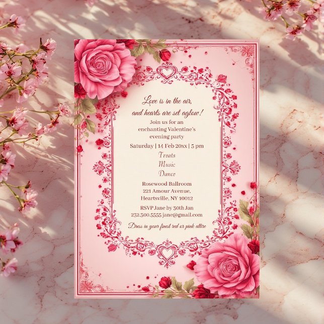 Romantic Roses Pink Heart Motifs Valentine Party  Einladung (Romantic Roses Pink Heart Motifs Valentine Party Invitation)