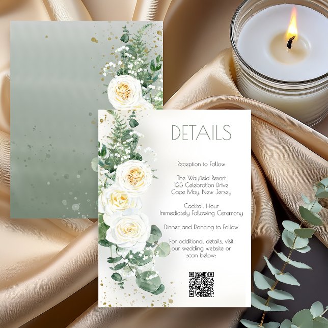 Romantic Sage Green Wedding Details Card Einladung (Romantic sage green wedding details card with floral greenery design displaying reception and event )