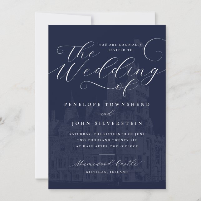 Romantic Script Navy Castle Illustration Wedding Einladung (Vorderseite)