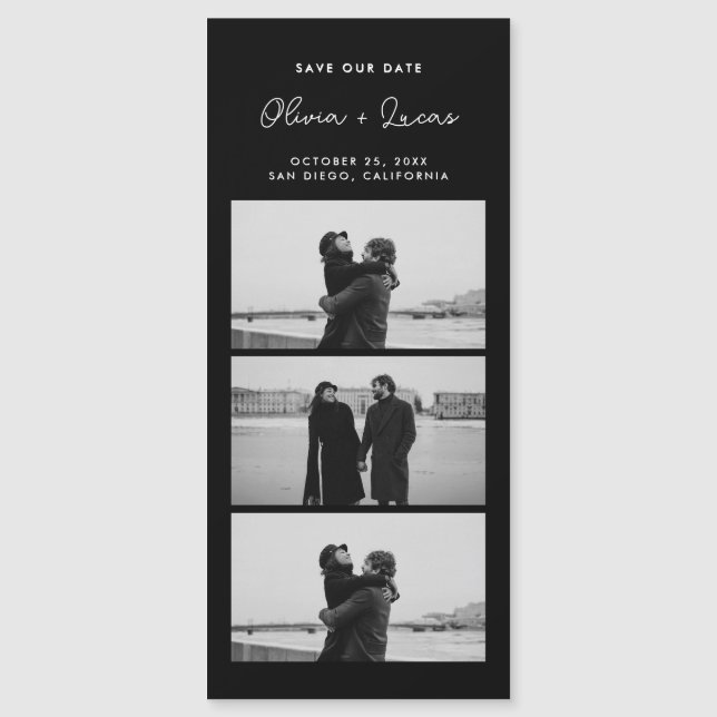Romantic Script Photo Strip Magnetic Black Wedding Magnetkarte (Vorderseite)