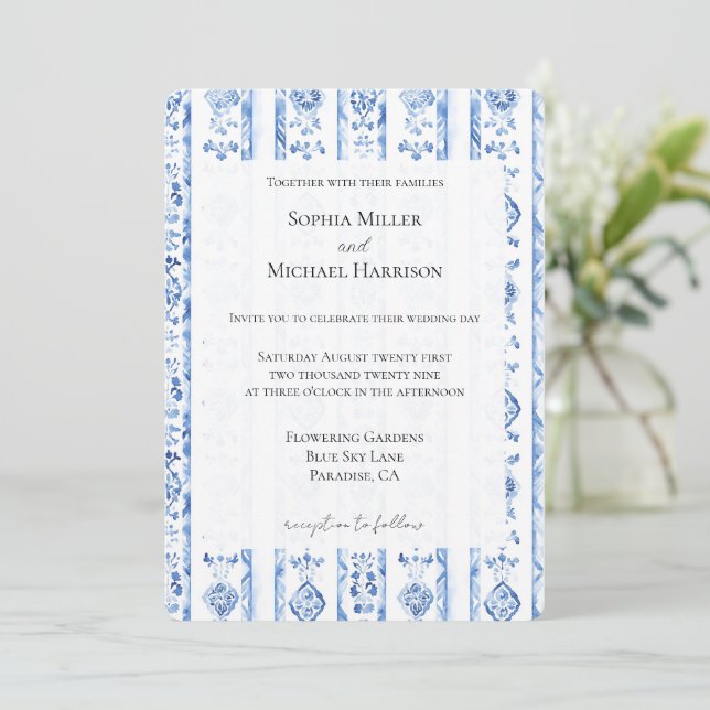Romantic Sicily Italian Rustic Blue Stripe Wedding Einladung (Stehend Vorderseite)