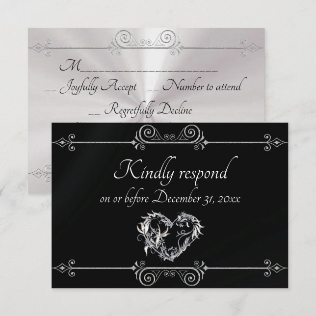 Romantic Silver Scroll Heart on Black RSVP Karte (Vorne/Hinten)