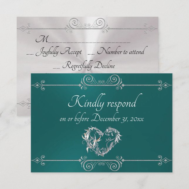 Romantic Silver Scroll Heart on Teal RSVP Karte (Vorne/Hinten)