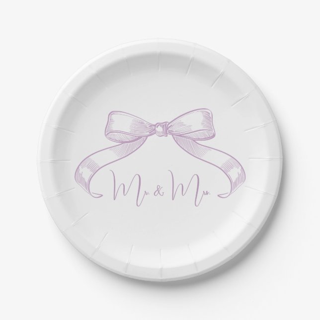 Romantic Sketched Bow l Lilac Mr & Mrs Wedding Pappteller (Vorderseite)