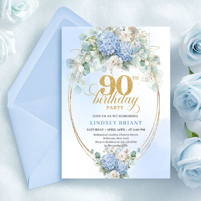 Romantic Soft Blue Hydrangea 90th Birthday Invite Einladung (Romantic Soft Blue Hydrangea 90th Birthday Invite)
