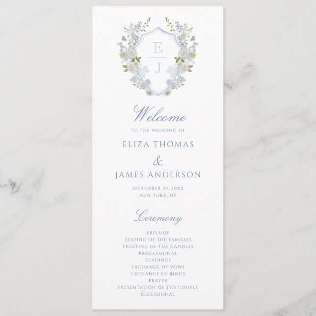 Romantic Soft Blue Monogram Wappen Wedding Program Programm (Vorderseite)