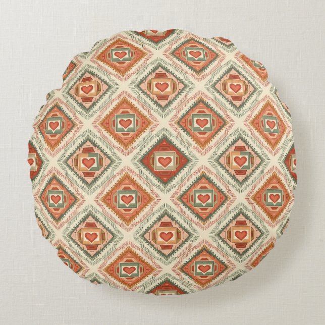 Romantic Southwestern Heart Pattern Peach & Sage Rundes Kissen (Vorderseite)