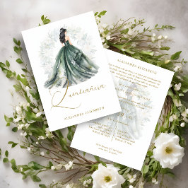 Romantic Spanish Quinceañera in Green & Golden  Einladung