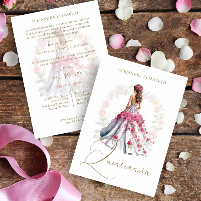 Romantic Spanish Quinceañera in Pink Shades  Einladung (Romantic Spanish Quinceañera in Pink Shades Invitation Card with Envelope. )