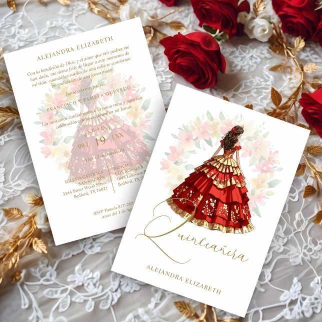 Romantic Spanish Quinceañera in Red & Golden  Einladung (Romantic Spanish Quinceañera in Red & Faux Golden Shades Invitation Card with Envelope.)