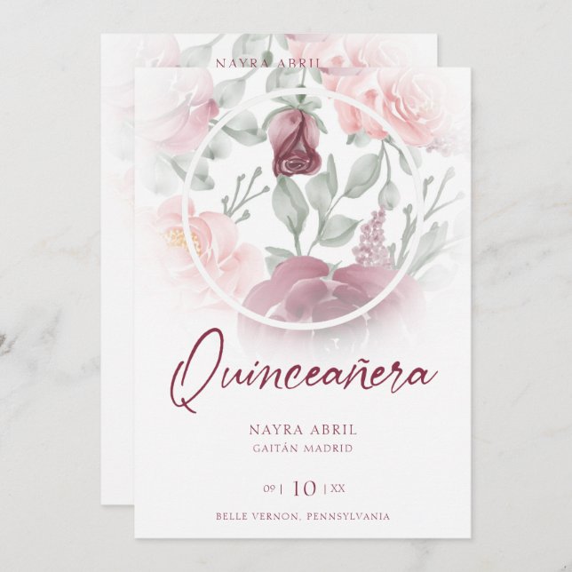 Romantic Spanish Quinceañera Photo Floral in Pink Einladung (Vorne/Hinten)
