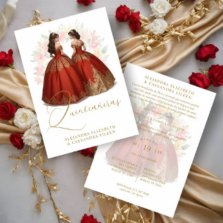 Romantic Spanish Quinceañera Twins Red & Golden Einladung