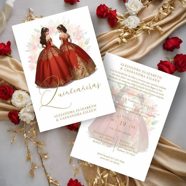 Romantic Spanish Quinceañera Twins Red & Golden  Einladung (Romantic Spanish Quinceañera Twins Red & Golden Invitation.)