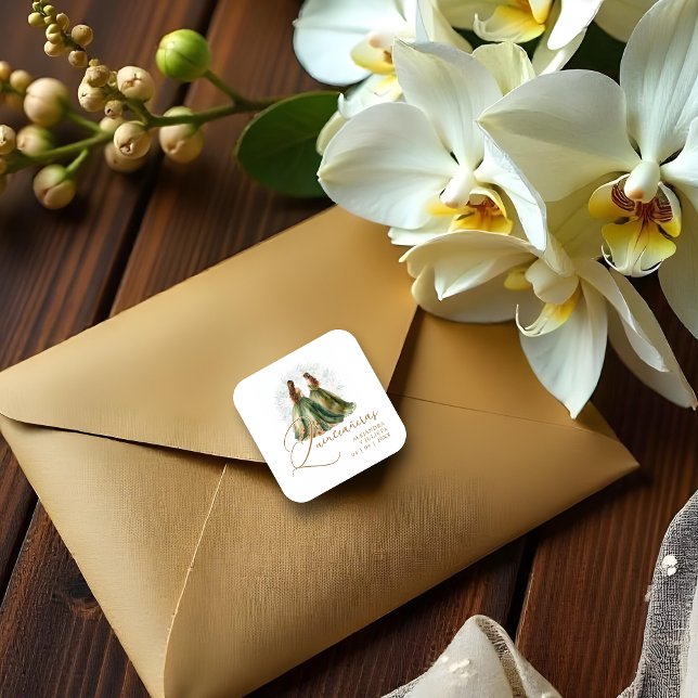 Romantic Spanish Quinceañeras Twins Dolls Green Quadratischer Aufkleber (Romantic Spanish Quinceañeras Twins Dolls in Green and Brown Shades Square Stickers.)