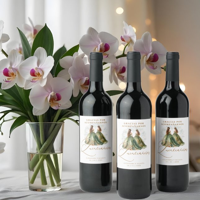 Romantic Spanish Quinceañeras Twins Dolls Green Weinetikett (Romantic Spanish Quinceañeras Twins Dolls in Green and Brown Shades Wine Labels. )