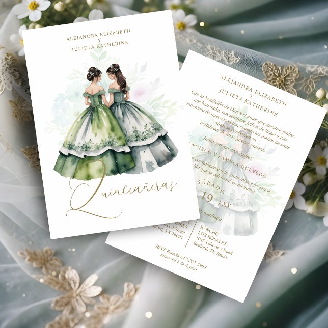 Romantic Spanish Quinceañeras Twins Green Shades Einladung (Romantic Spanish Quinceañeras Twins in Green Shades Invitation Card with Envelope.)