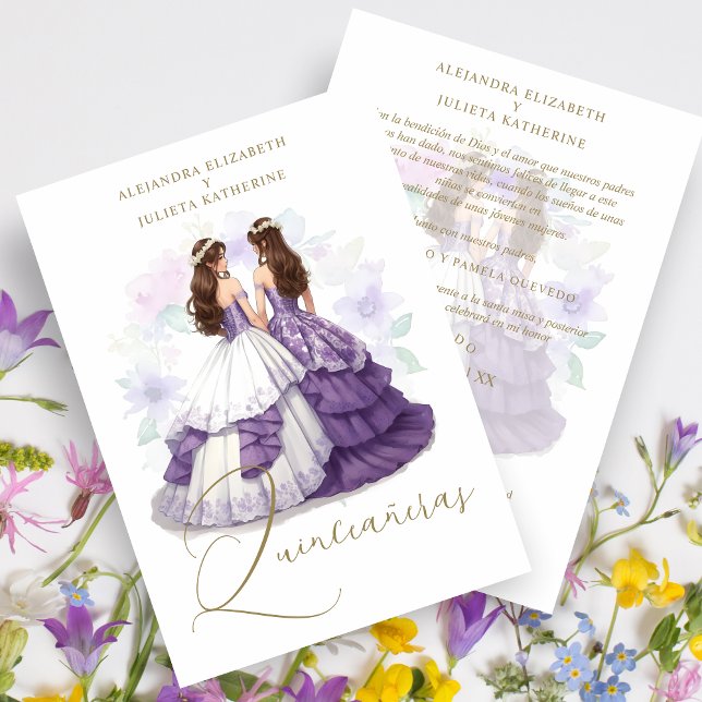 Romantic Spanish Quinceañeras Twins Purple Shades Einladung (Romantic Spanish Quinceañeras Twins in Purple Shades Invitation Card with Envelope. )