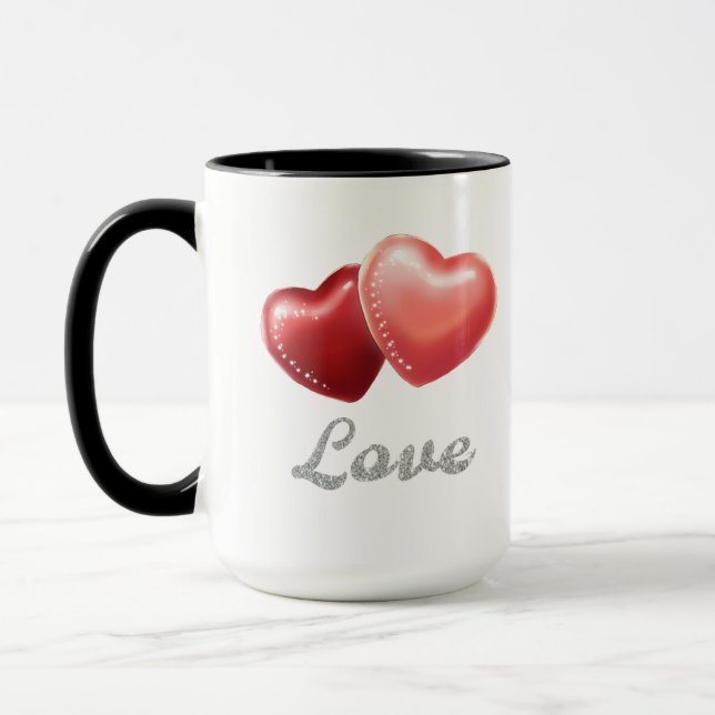 Romantic Sparkling Red Hearts "Love" Glitter Desig Tasse (Links)