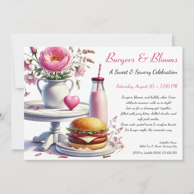 Romantic Summer Party Watercolor Burger & Pink  Einladung (Vorderseite)