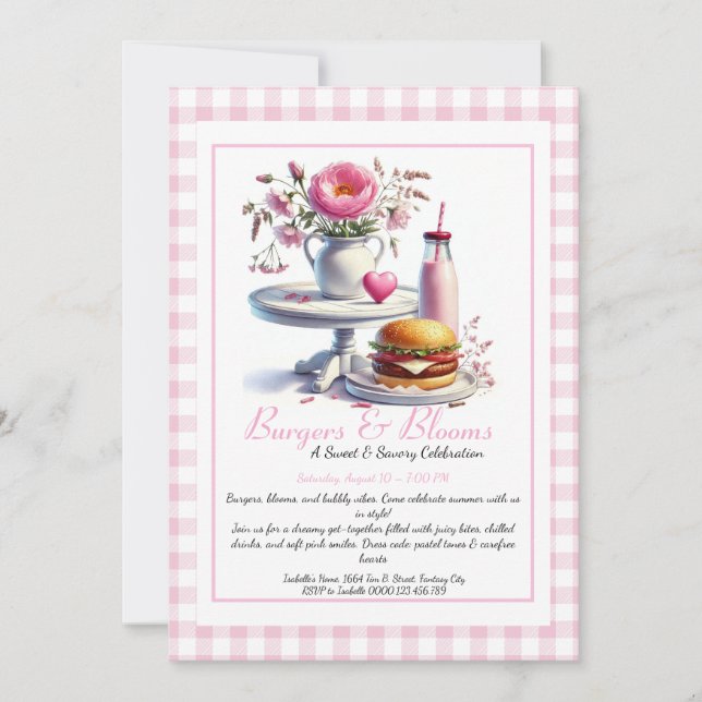 Romantic Summer Party Watercolor Burger & Pink  Einladung (Vorderseite)