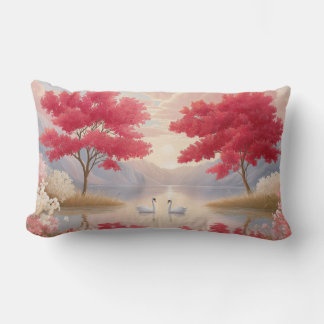 Romantic Swan Lake Pink Blossom Trees Elegant Lendenkissen