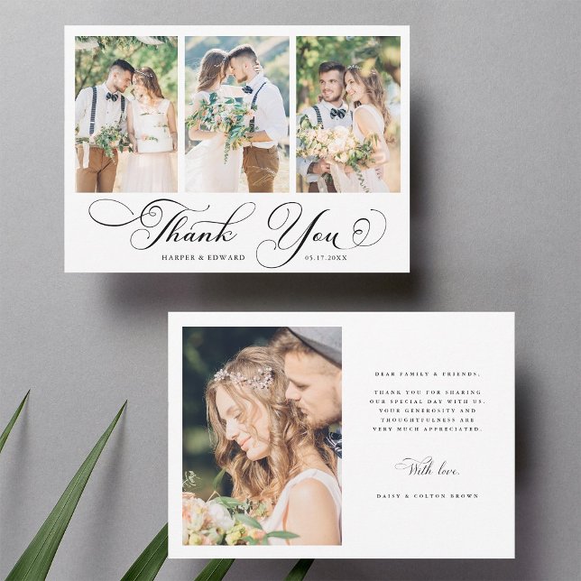 Romantic Swirly Calligraphy Wedding 4 Photo  Dankeskarte (Front & Back)