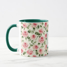 Romantic Teal Blush Pink Roses Floral Monogram Tasse