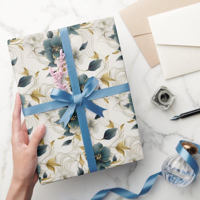 Romantic Teal Green Cream Flowers Geschenkpapier (Schenken)