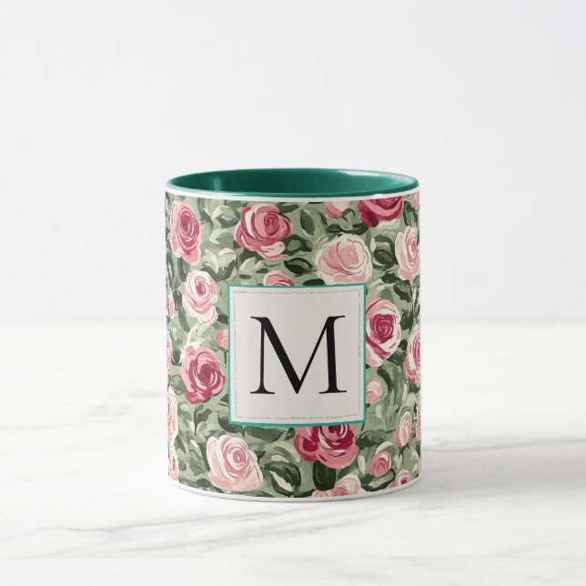 Romantic Teal Green Pink Roses Floral Monogram Tasse (Zentrum)