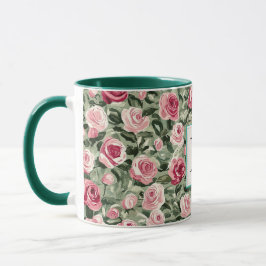 Romantic Teal Green Pink Roses Floral Monogram Tasse
