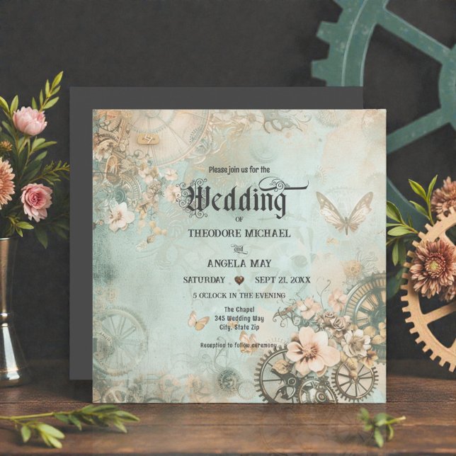 Romantic Teal Steampunk Gears Wedding Invitation Einladung (Von Creator hochgeladen)