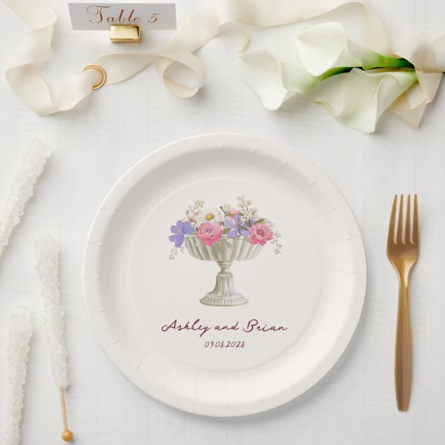 Romantic Tuscan Garden Urn with Flowers Wedding Pappteller (Hochzeit)