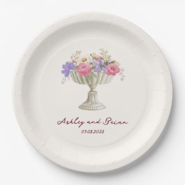 Romantic Tuscan Garden Urn with Flowers Wedding Pappteller